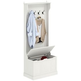 Hall Tree with Coat Rack, Storage, and Sitting Bench, White Hall Tree with Coat Rack, Storage, and Sitting Bench, White